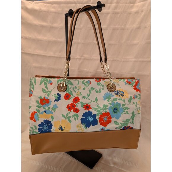 Anne Klein Floral Tote Bag Tan Faux Leather Accents & Chain Straps Lion Logo NWT - Picture 2 of 16